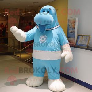 Sky Blue Walrus mascot costume character dressed with a Polo Shirt and Watches