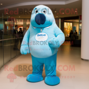 Sky Blue Walrus mascot costume character dressed with a Polo Shirt and Watches