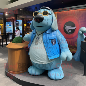 Sky Blue Walrus mascot costume character dressed with a Polo Shirt and Watches