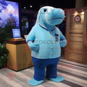 Sky Blue Walrus mascot costume character dressed with a Polo Shirt and Watches
