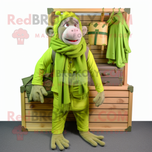 Lime Green Baboon mascot costume character dressed with a Cargo Pants and Scarves