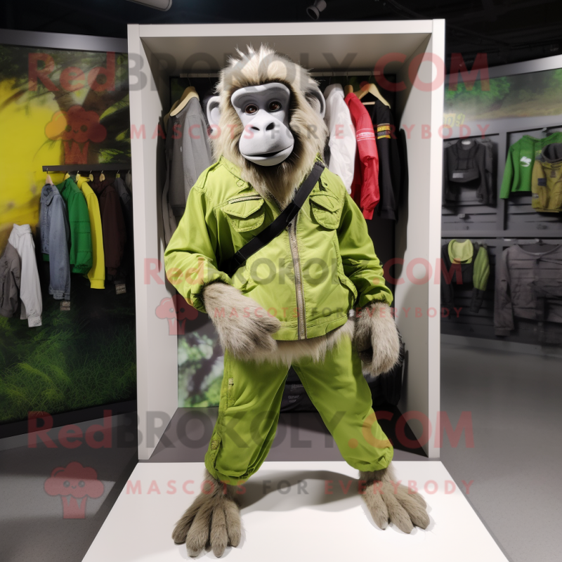 Lime Green Baboon mascot costume character dressed with a Cargo Pants and Scarves