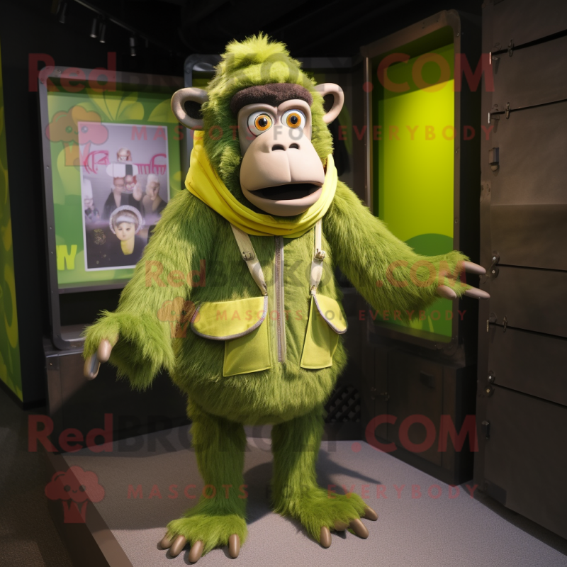 Lime Green Baboon mascot costume character dressed with a Cargo Pants and Scarves