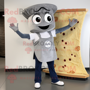 Gray Pizza Slice mascot costume character dressed with a Bootcut Jeans and Suspenders