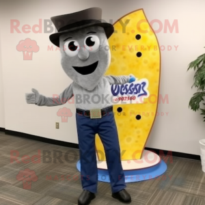 Gray Pizza Slice mascot costume character dressed with a Bootcut Jeans and Suspenders