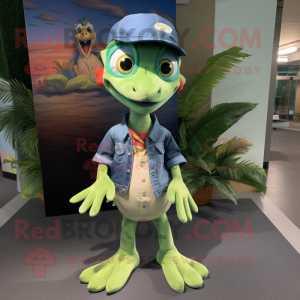 Lime Green Dimorphodon mascot costume character dressed with a Denim Shirt and Caps