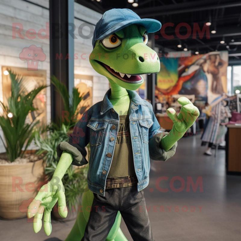 Lime Green Dimorphodon mascot costume character dressed with a Denim Shirt and Caps Lime Green Dimorphodon mascot costume character dressed with a Denim Shirt and Caps
