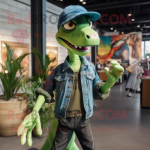 Lime Green Dimorphodon mascot costume character dressed with a Denim Shirt and Caps