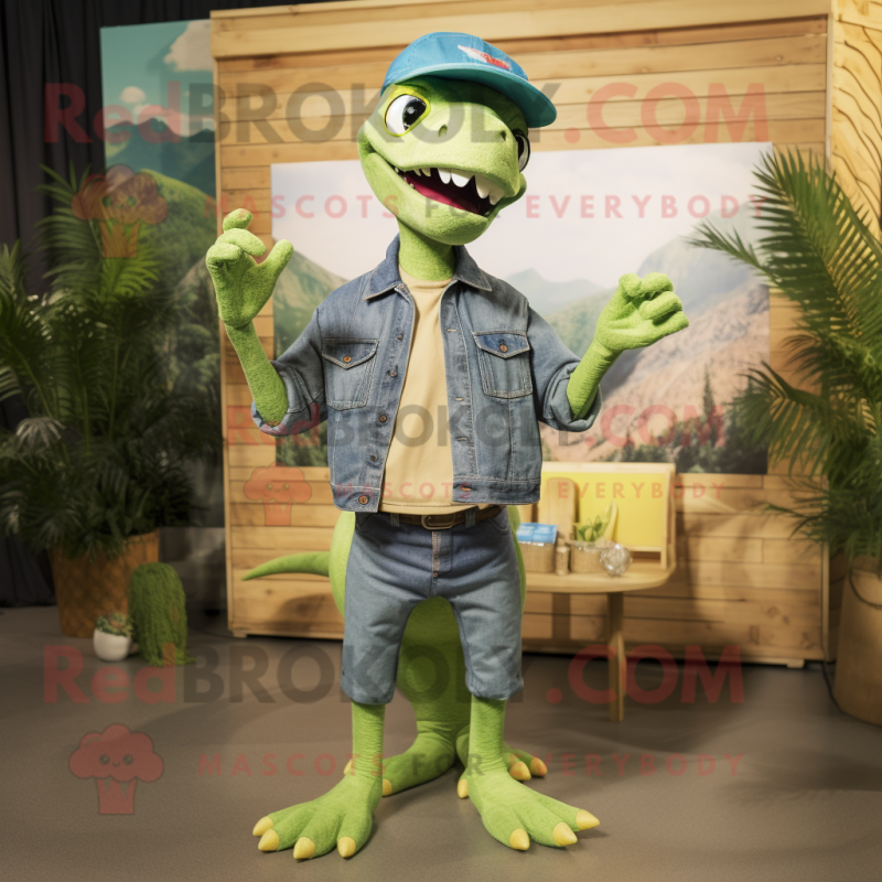 Lime Green Dimorphodon mascot costume character dressed with a Denim Shirt and Caps