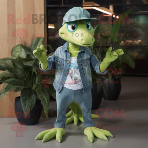 Lime Green Dimorphodon mascot costume character dressed with a Denim Shirt and Caps