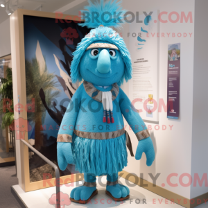 Maskot-karakter av en cyan...