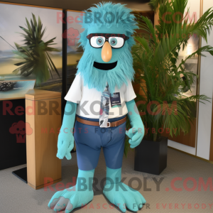 Maskot-karakter av en cyan...