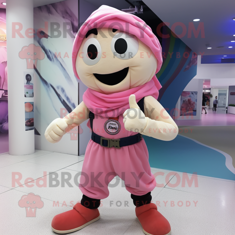 Pink Bracelet mascot costume character dressed with a Cargo Pants and Scarf clips Pink Bracelet mascot costume character dressed with a Cargo Pants and Scarf clips