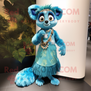 Cyan Lemur mascot costume character dressed with a Skirt and Bracelet watches
