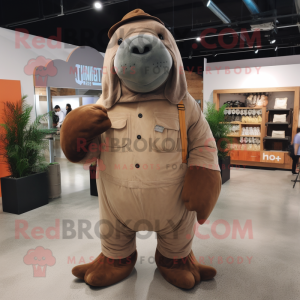 Brown Walrus mascot costume character dressed with a Overalls and Cummerbunds