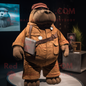 Brown Walrus mascot costume character dressed with a Overalls and Cummerbunds