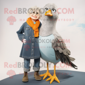 Gray Seagull mascot costume character dressed with a Mom Jeans and Scarves