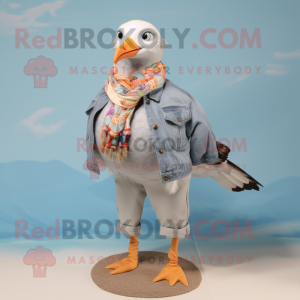 Gray Seagull mascot costume character dressed with a Mom Jeans and Scarves