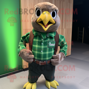 Green Hawk mascot costume character dressed with a Flannel Shirt and Bow ties