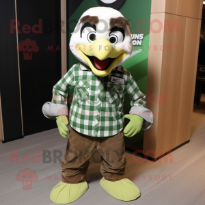 Green Hawk mascot costume character dressed with a Flannel Shirt and Bow ties