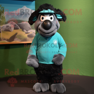 Cyan Suffolk Sheep mascot costume character dressed with a Turtleneck and Caps