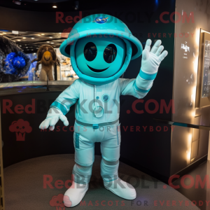Maskotfigur af en cyan...