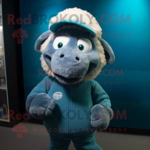 Cyan Suffolk Sheep mascot costume character dressed with a Turtleneck and Caps