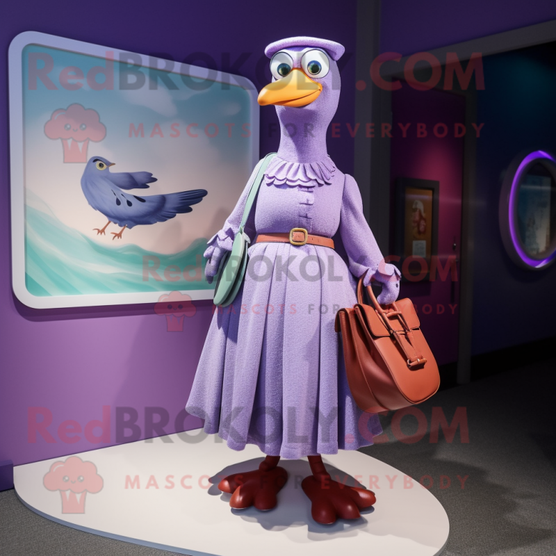Purple Seagull mascot costume character dressed with a Skirt and Handbags Purple Seagull mascot costume character dressed with a Skirt and Handbags