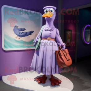 Purple Seagull mascot costume character dressed with a Skirt and Handbags