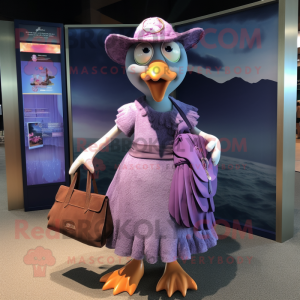 Purple Seagull mascot costume character dressed with a Skirt and Handbags