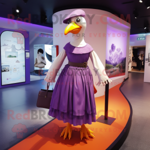 Purple Seagull mascot costume character dressed with a Skirt and Handbags