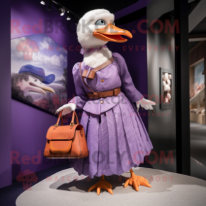 Purple Seagull mascot costume character dressed with a Skirt and Handbags