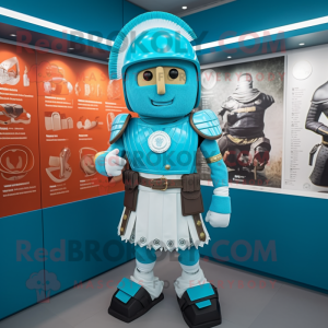 Turquoise Roman Soldier mascot costume character dressed with a Suit and Necklaces