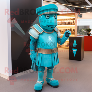 Turquoise Roman Soldier mascot costume character dressed with a Suit and Necklaces
