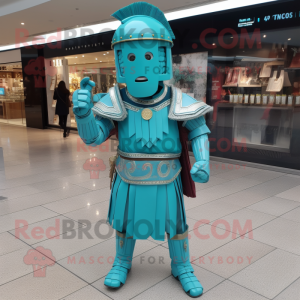 Turquoise Roman Soldier mascot costume character dressed with a Suit and Necklaces