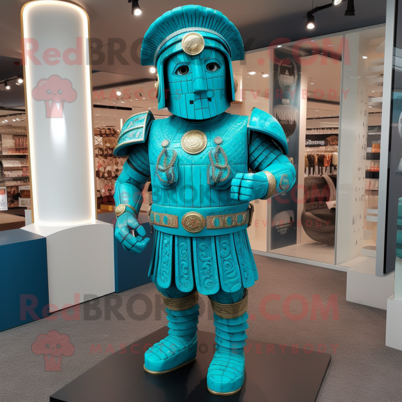 Turquoise Roman Soldier mascot costume character dressed with a Suit and Necklaces