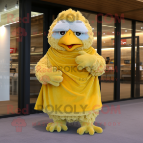 Lemon Yellow Fried Chicken mascot costume character dressed with a Corduroy Pants and Shawls