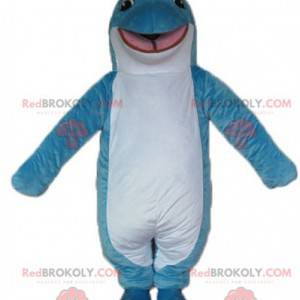 Maskottchen blauer und weißer Delphin lächelnd und originell -