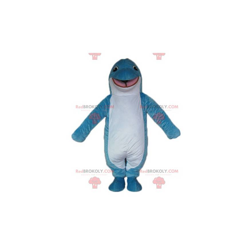 Mascot blauwe en witte dolfijn lachend en origineel -