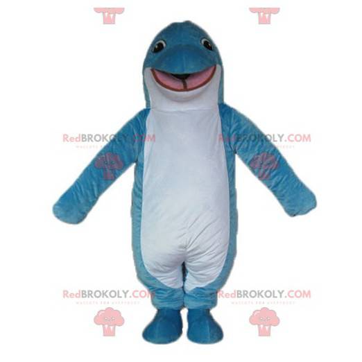 Mascot blauwe en witte dolfijn lachend en origineel -