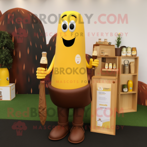 Brown Bottle Of Mustard mascot costume character dressed with a Henley Shirt and Wallets