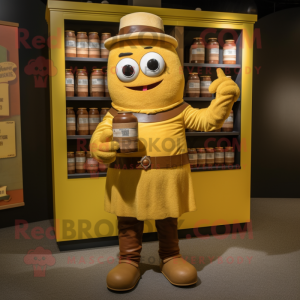 Brown Bottle Of Mustard mascot costume character dressed with a Henley Shirt and Wallets