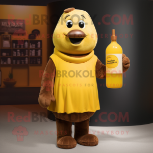 Brown Bottle Of Mustard mascot costume character dressed with a Henley Shirt and Wallets