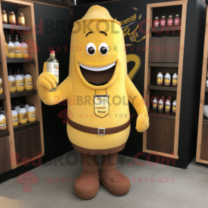 Brown Bottle Of Mustard mascot costume character dressed with a Henley Shirt and Wallets