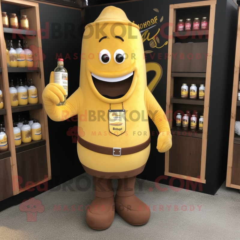 Brown Bottle Of Mustard mascot costume character dressed with a Henley Shirt and Wallets
