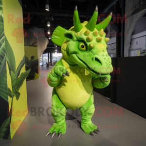 Lime Green Triceratops mascot costume character dressed with a Romper and Clutch bags
