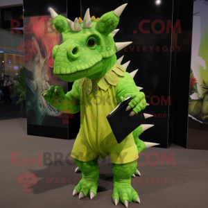 Lime Green Triceratops mascot costume character dressed with a Romper and Clutch bags