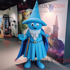 Maskotkarakter av en cyan...