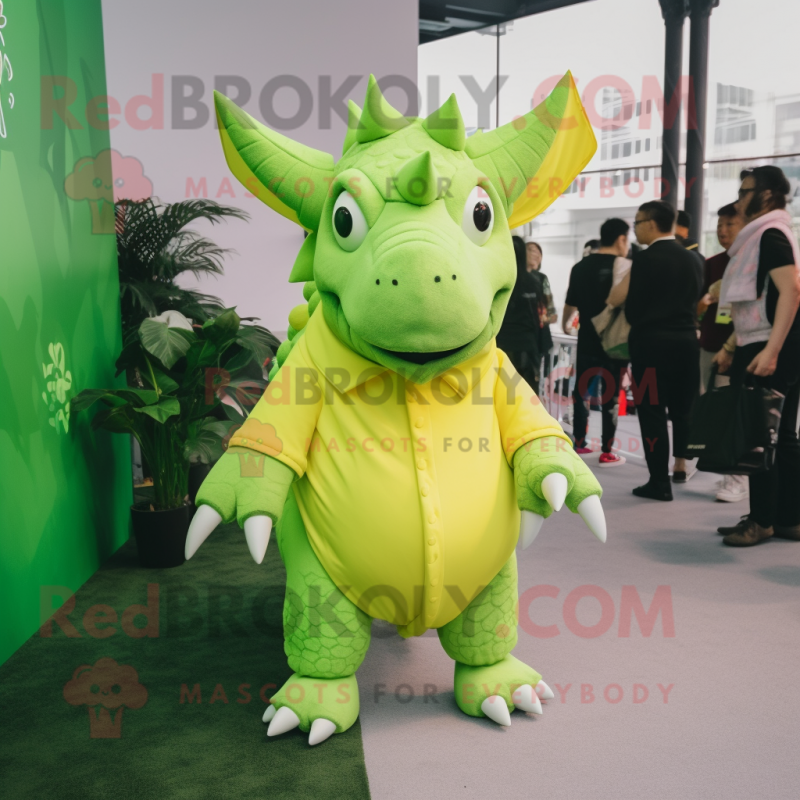 Lime Green Triceratops mascot costume character dressed with a Romper and Clutch bags