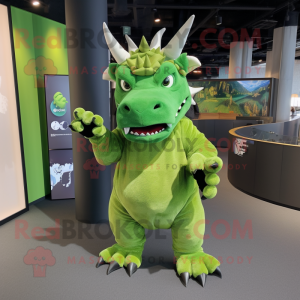 Lime Green Triceratops mascot costume character dressed with a Romper and Clutch bags